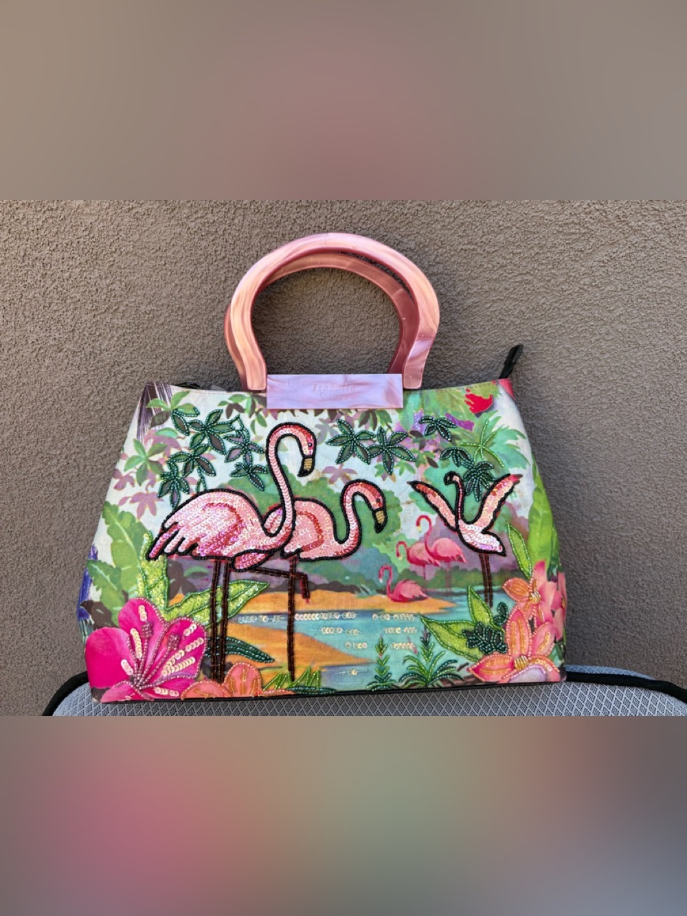 Vintage Isabella Fiore Beaded Flamingo Tropical Top Handle Bag Tote Y2K